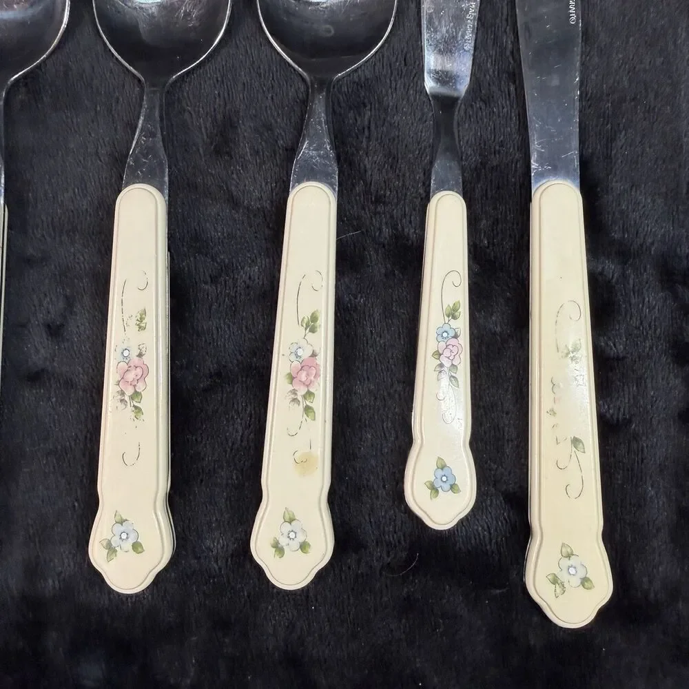Pfaltzgraff Tea Rose Flatware 8 Piece Stainless Serving Pieces Country Vintage